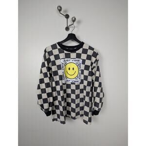 Forever‎ 21 Just Vibin' Smiley Face Checkerboard Long Sleeve T Size M